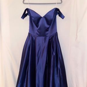 Stunning Navy Blue Off Shoulder Satin Formal Dress